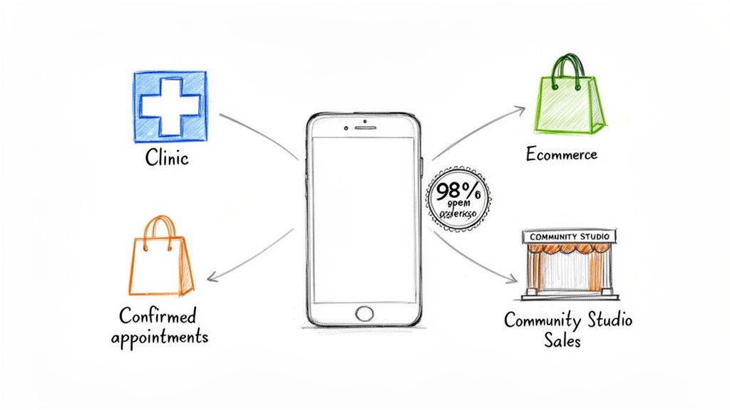 A hand-drawn diagram showing a smartphone connecting to clinic services, e-commerce, confirmed appointments, and community studio sales.