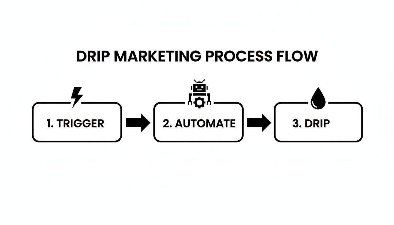 A visual flow chart illustrating the three steps of a drip marketing process: trigger, automate, and drip.