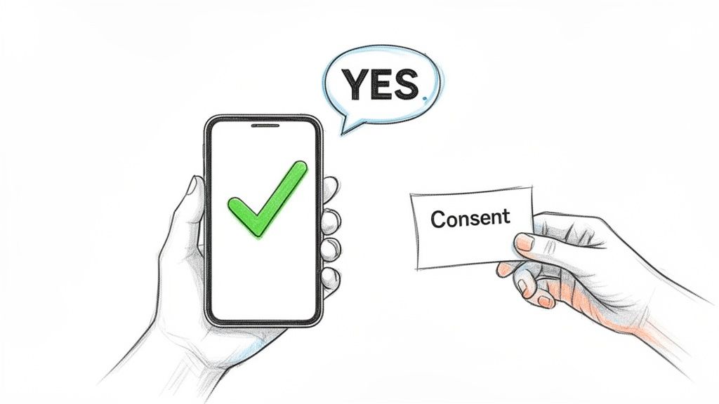 Hands hold a smartphone displaying a green checkmark and a 'YES' speech bubble, alongside a card labeled 'Consent'.