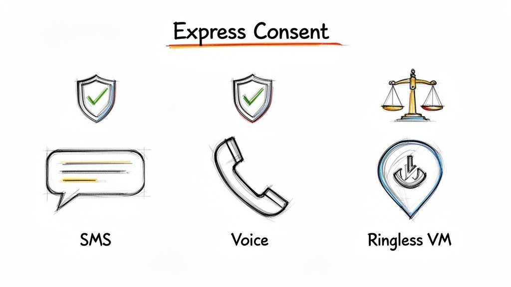 Illustration depicting express consent methods including SMS, Voice, and Ringless VM, with security and legal icons.