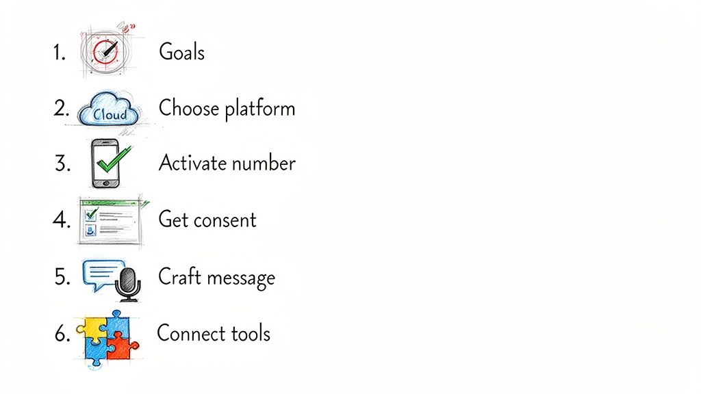 A six-step checklist for setting up a communication system, including goals, platform, activation, consent, message, and tools.