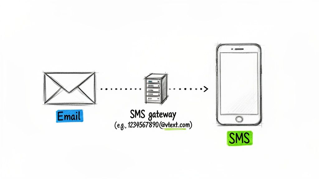 A diagram shows an email icon leading to an SMS gateway server, which then sends an SMS to a smartphone.