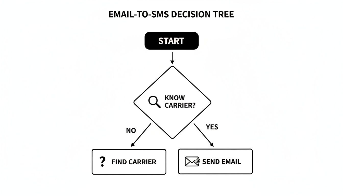 A flowchart titled 'EMAIL-TO-SMS DECISION TREE' outlining steps to send SMS via email.