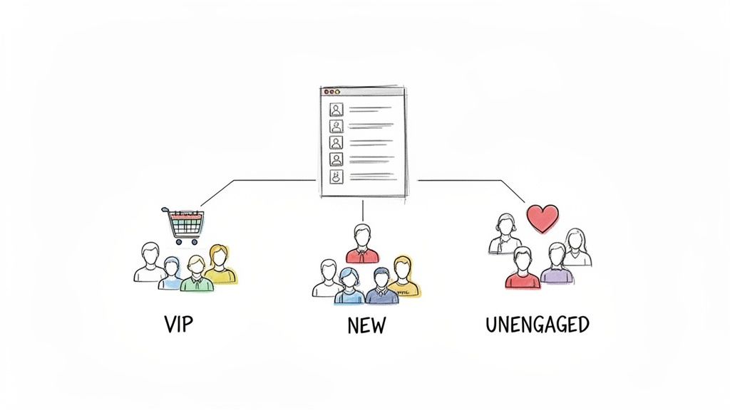 Diagram illustrating customer segmentation from a central list into VIP, New, and Unengaged groups.