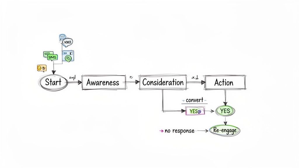Flowchart illustrating a marketing drip campaign with awareness, consideration,action, conversion, and re-engagement steps.