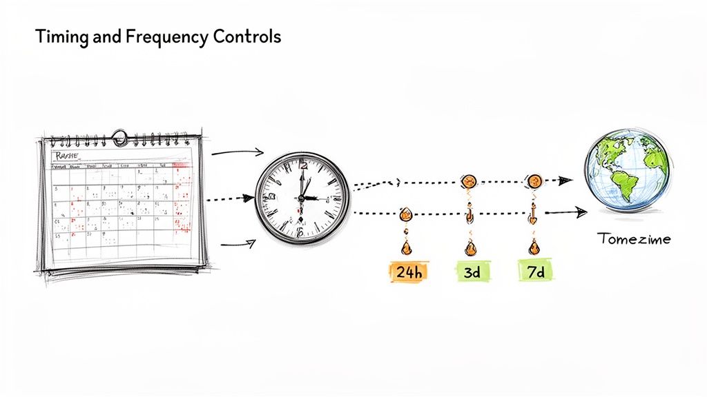 Diagram showing timing and frequency controls for campaigns using a calendar, clock, and timed drip icons.