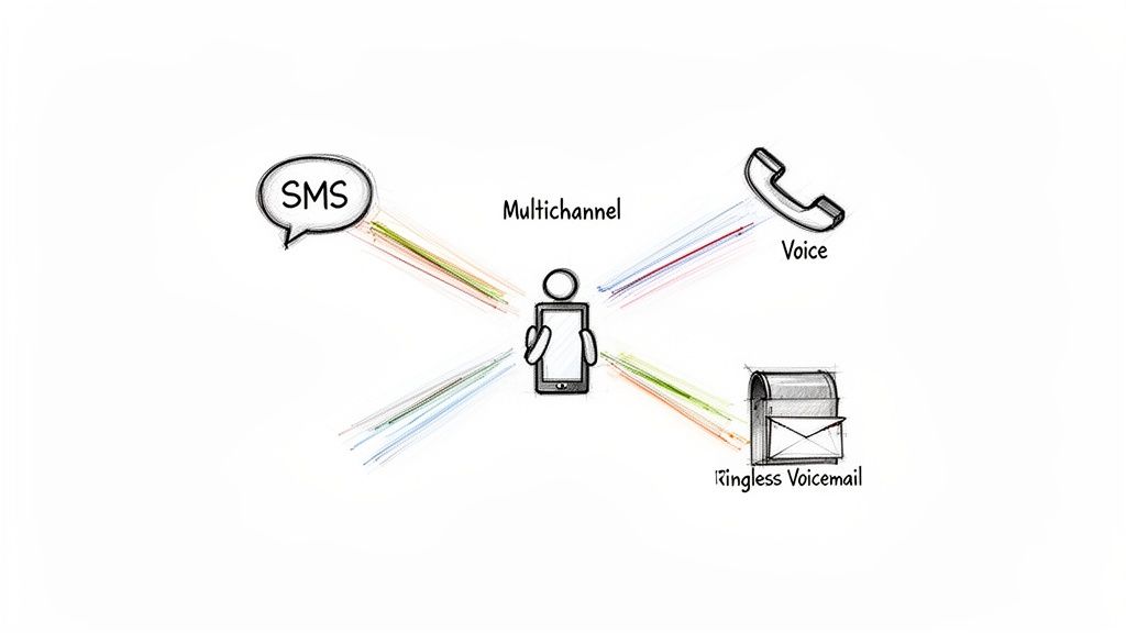 A diagram illustrates a person using a smartphone to interact across SMS, Voice, and Ringless Voicemail, showcasing a multichannel communication strategy.
