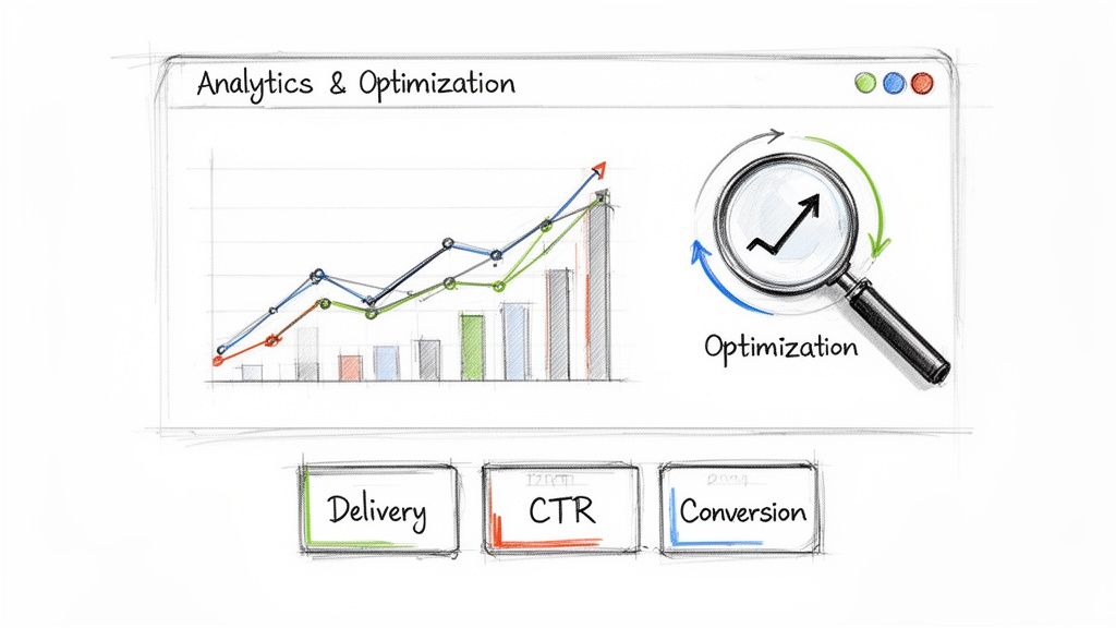 Hand-drawn illustration of analytics and optimization with graphs, a magnifying glass for improvement, and metrics.