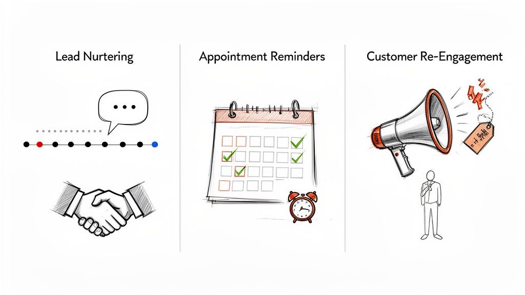 Visual illustration of marketing automation concepts including lead nurturing, appointment reminders, and customer re-engagement.