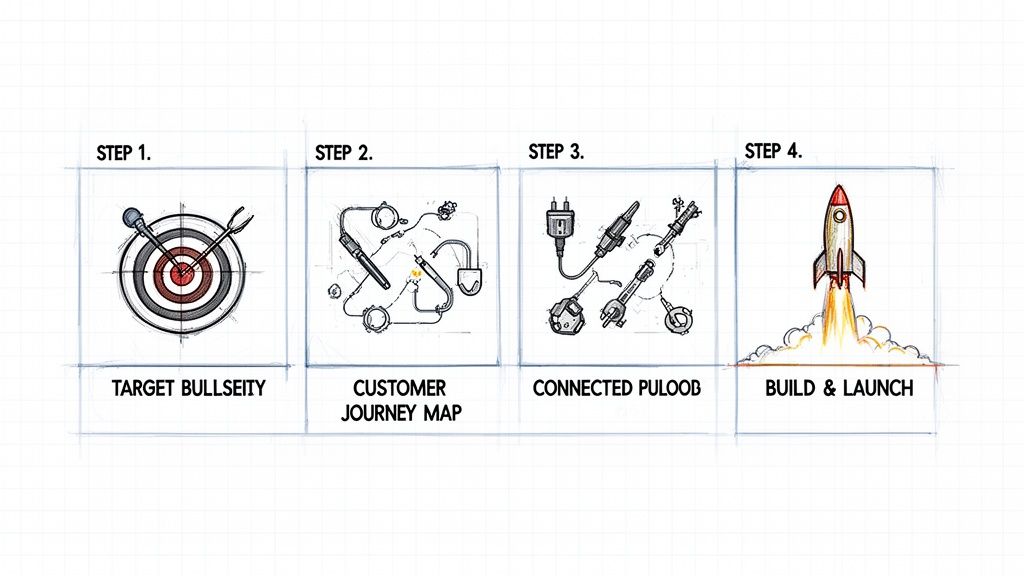 Four-step marketing workflow diagram illustrating target, customer journey, connections, and launch.