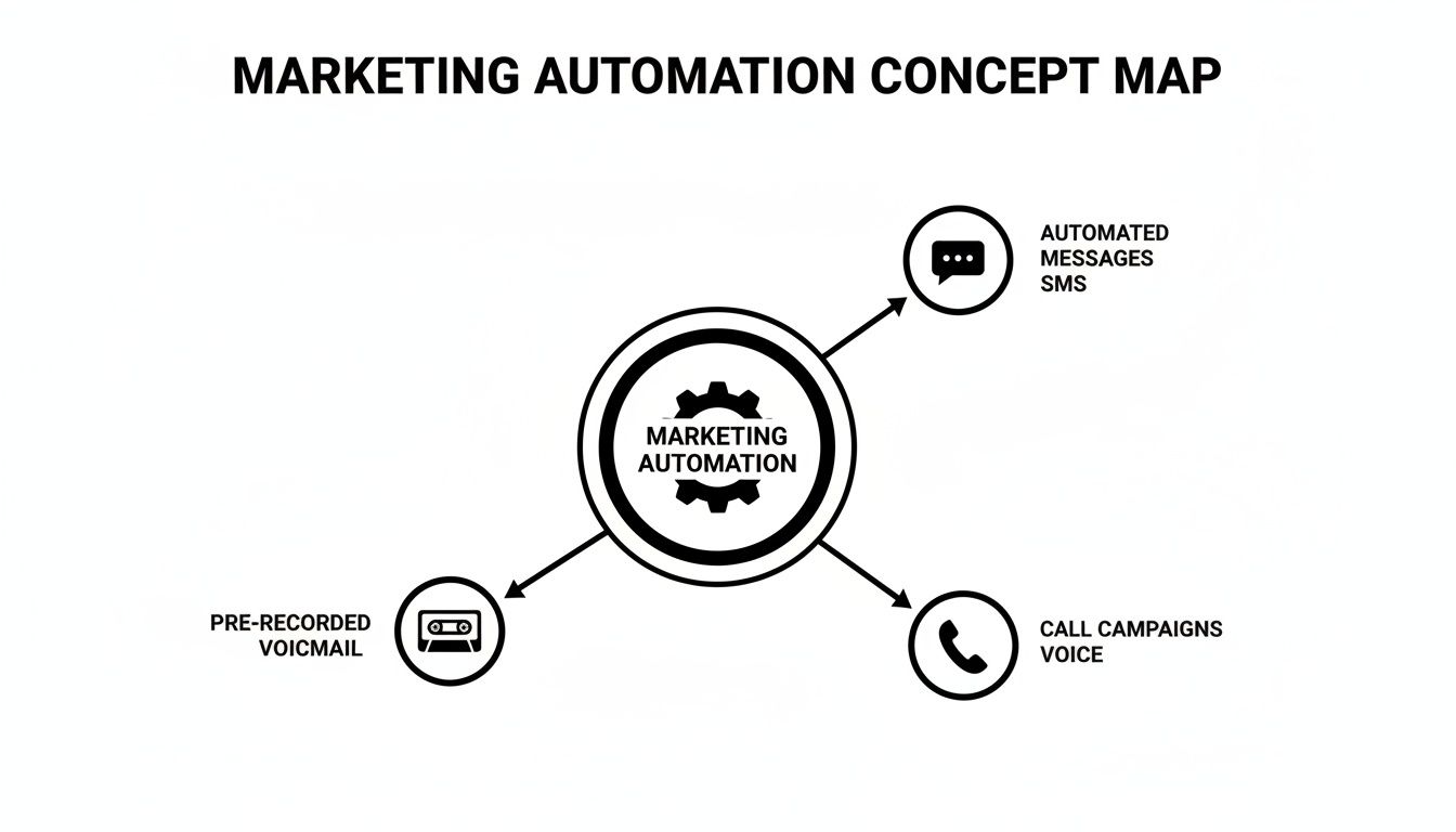 A concept map showing Marketing Automation at the center, connecting to automated messages, call campaigns, and pre-recorded voicemail.