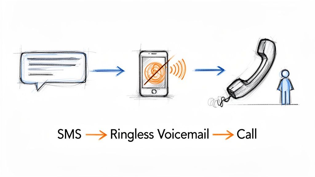 A visual diagram showing a communication process from SMS to ringless voicemail, leading to a direct phone call.