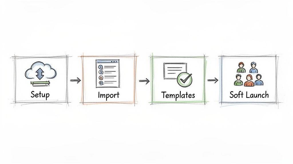 A four-step process diagram illustrating Setup, Import, Templates, and Soft Launch, with hand-drawn icons.