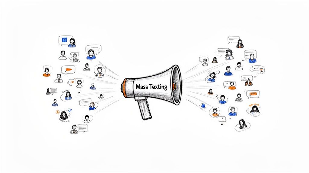 A megaphone labeled "Mass Texting" broadcasting messages to a diverse audience with speech bubbles.
