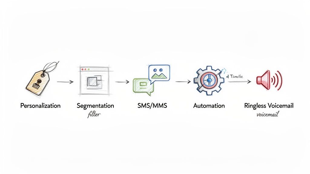 A diagram illustrates a marketing flow from personalization and segmentation to SMS/MMS, automation, and ringless voicemail.