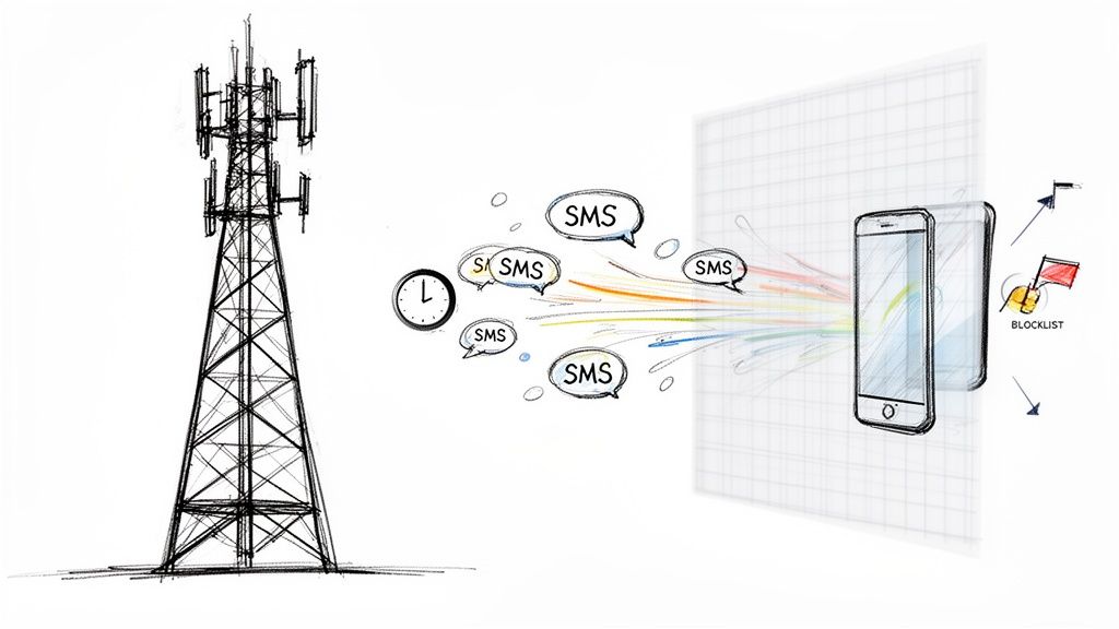 Hand-drawn illustration showing SMS messages from a cell tower being filtered by a blocklist on a smartphone.