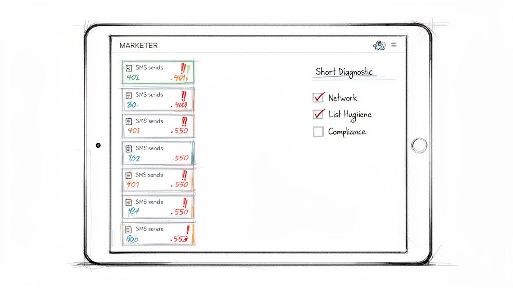 A tablet screen displays SMS send reports with various errors and a marketing diagnostic checklist.