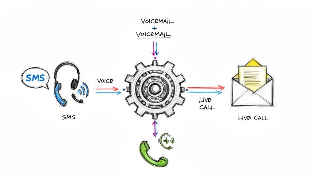A diagram showing how SMS, voice, and voicemail inputs are routed through a central system to a live call or other phone actions.