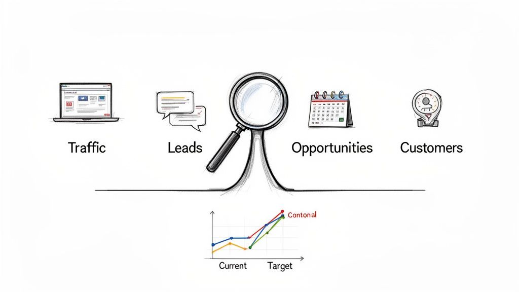A sales funnel diagram showing traffic, leads, opportunities, and customers, with a performance comparison graph.