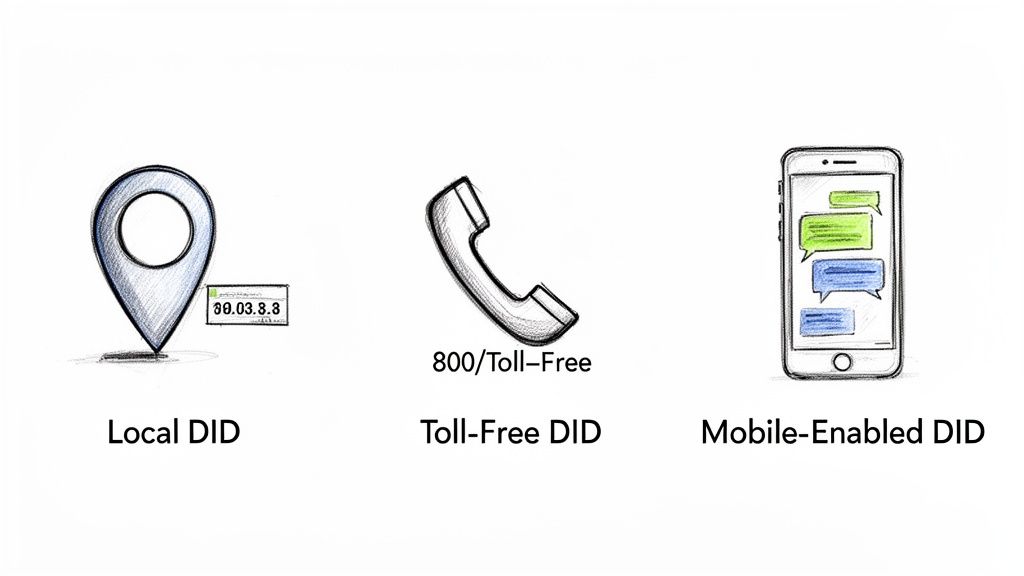 Illustration showing three types of DID numbers: Local, Toll-Free, and Mobile-Enabled, with corresponding icons.