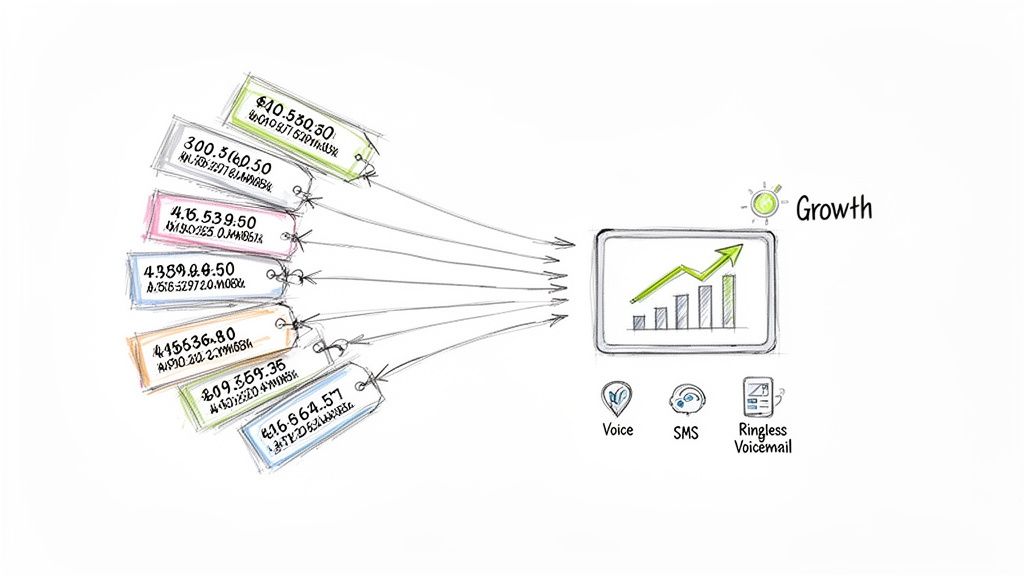 Hand-drawn image showing multiple price tags leading to a growth chart, supported by voice, SMS, and ringless voicemail.