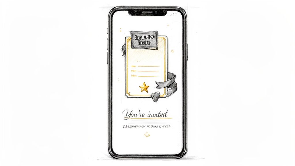 A hand-drawn smartphone displays an exclusive invite screen with golden details, a star, and ribbons, announcing 'You're invited'.