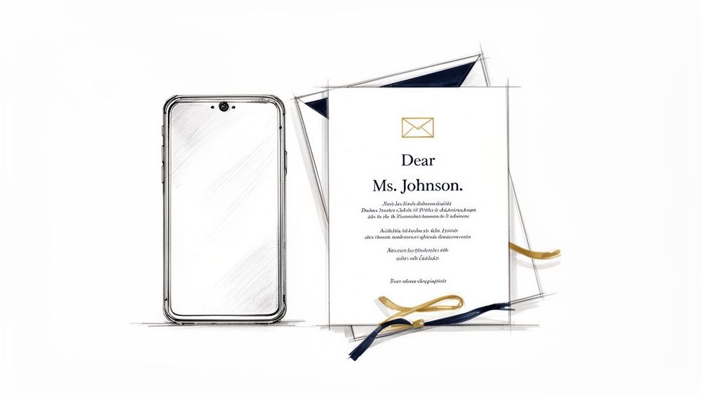 A hand-drawn sketch illustrating a smartphone beside a formal letter addressed to Ms. Johnson, with ribbons.