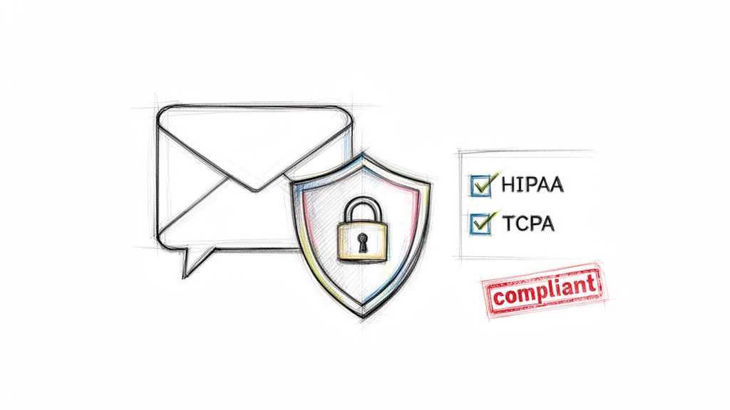 Sketch illustration depicting secure messaging with an envelope, shield, padlock, and checklist for HIPAA and TCPA compliance.