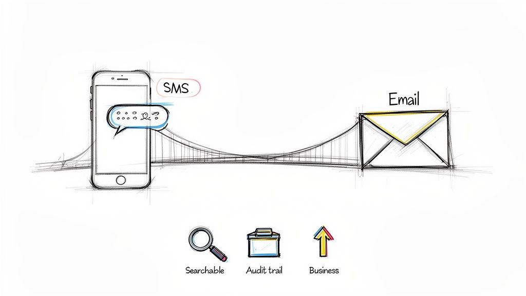 A phone sending an SMS message is connected via a bridge to an email envelope, highlighting business features like searchability and audit trails.
