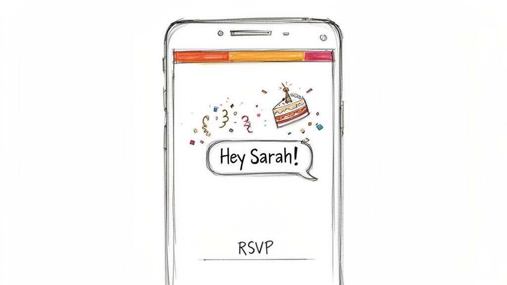 A hand-drawn smartphone displays a birthday invitation text message with 'Hey Sarah!', cake, and confetti.