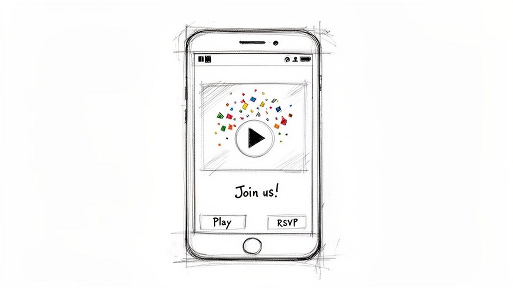 A sketch of a smartphone displaying a digital invitation to 'Join us!' with a video and RSVP buttons.