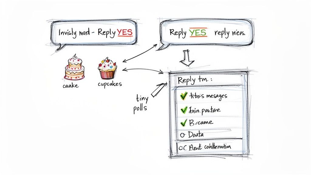 A diagram illustrating text message polls with options like cakes and a list of items.