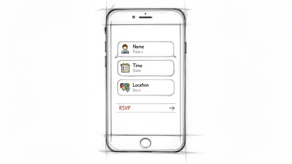 A hand-drawn sketch of a smartphone screen showing an event invitation form with RSVP.