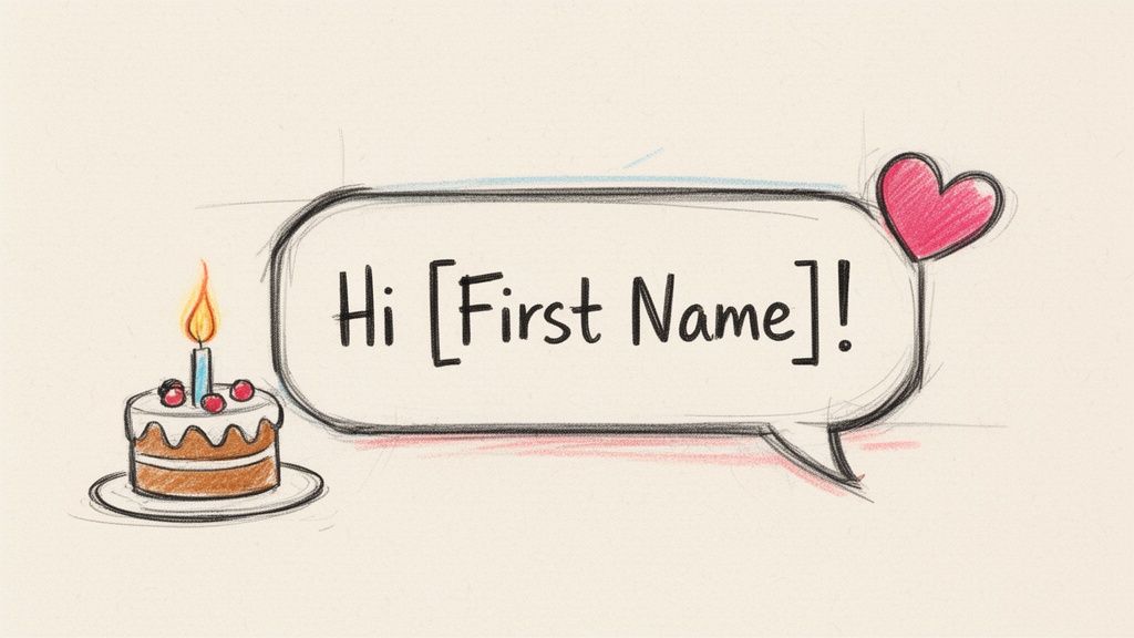 A hand-drawn sketch of a birthday cake with a lit candle and a speech bubble saying 'Hi [First Name]!' with a pink heart.