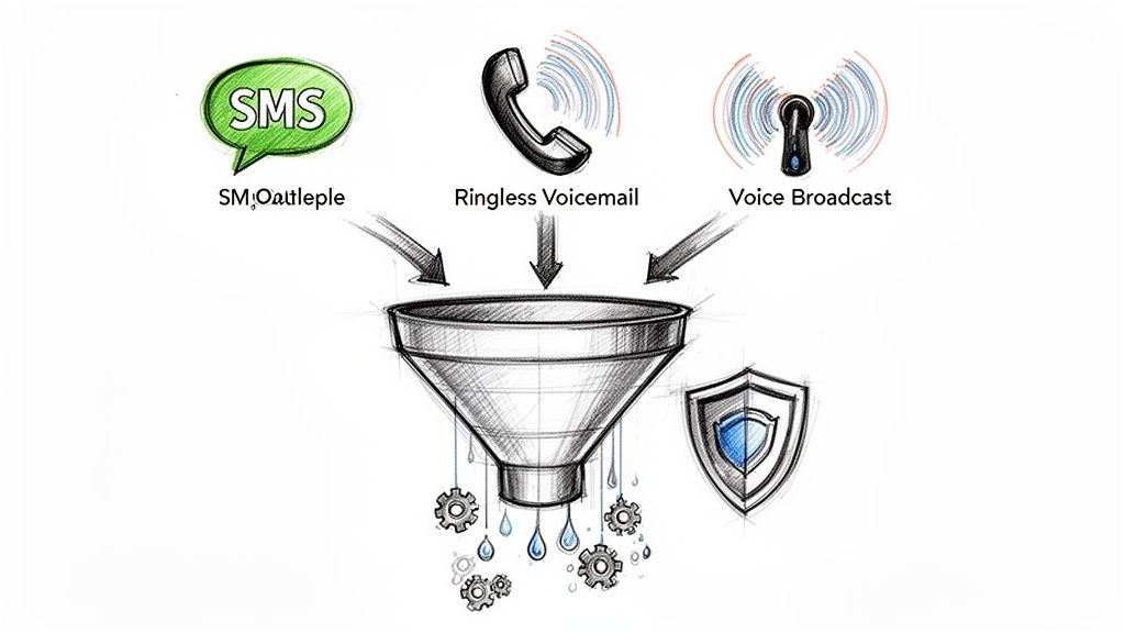 Hand-drawn diagram of SMS, Ringless Voicemail, and Voice Broadcast flowing into a secure processing funnel.