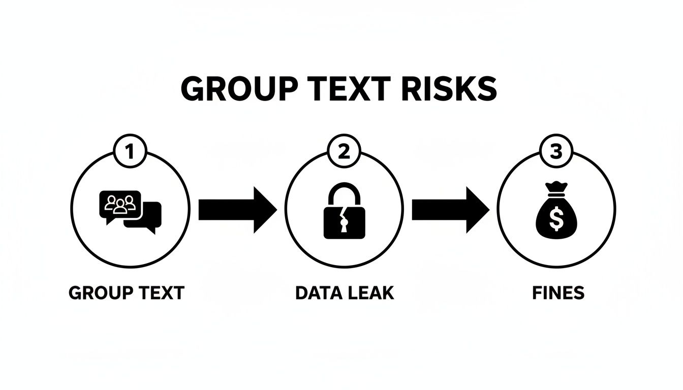 Flowchart illustrating group text risks, showing group text leading to data leaks and financial fines.