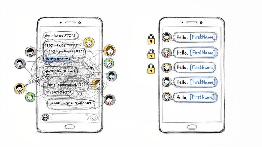 Messy group chat on left, clean, personalized messages with locks on right phone, showing BCC.