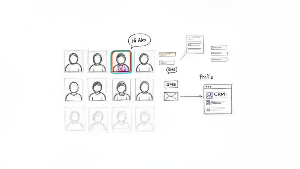 A diagram shows a highlighted user profile saying 'Hi Alex,' connected to messages and a CRM profile.