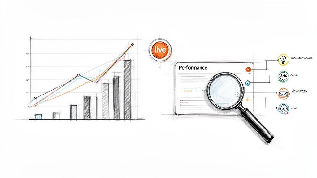 Hand-drawn illustration of business performance analytics with charts, live data, and multi-channel communication strategies.