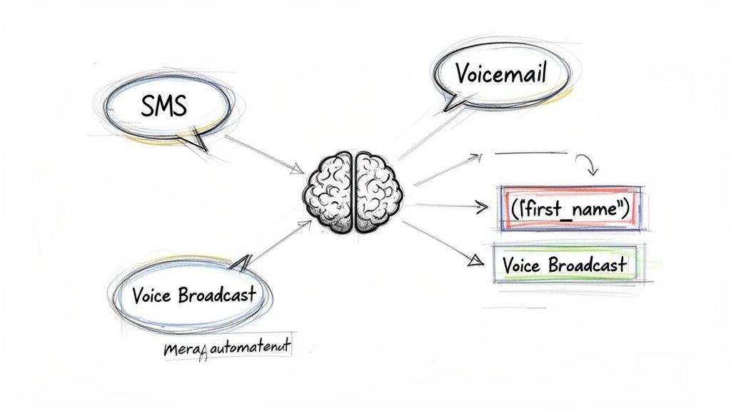 Diagram illustrating a brain processing SMS, voicemail, and voice broadcasts for personalized customer communication.