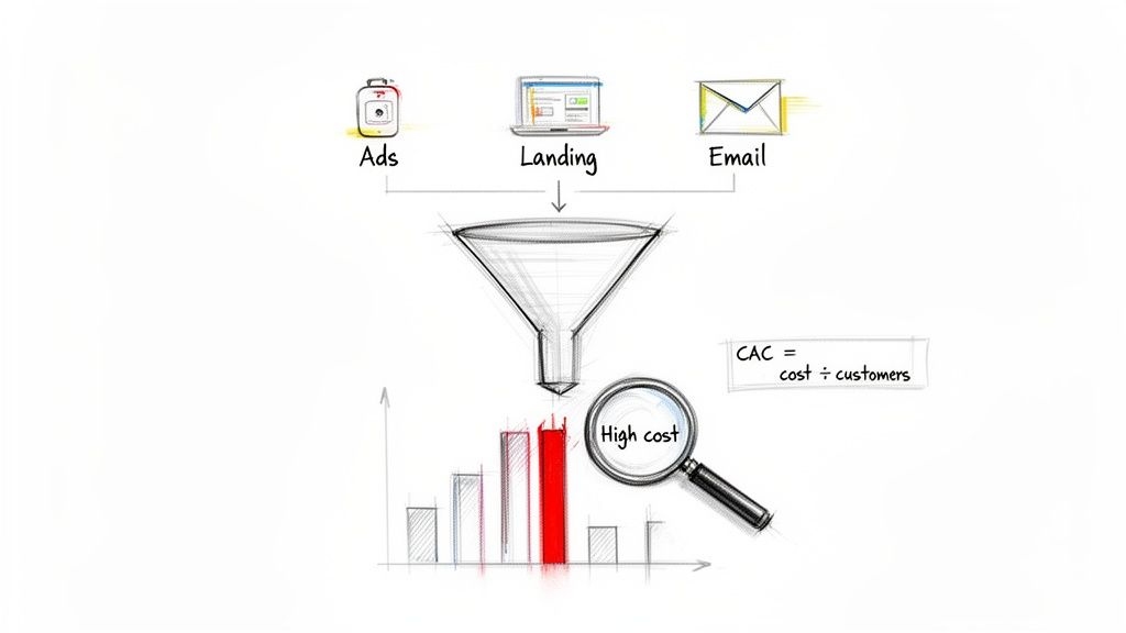 A visual explanation of customer acquisition cost (CAC) showing marketing channels, a funnel, and a high-cost outcome.