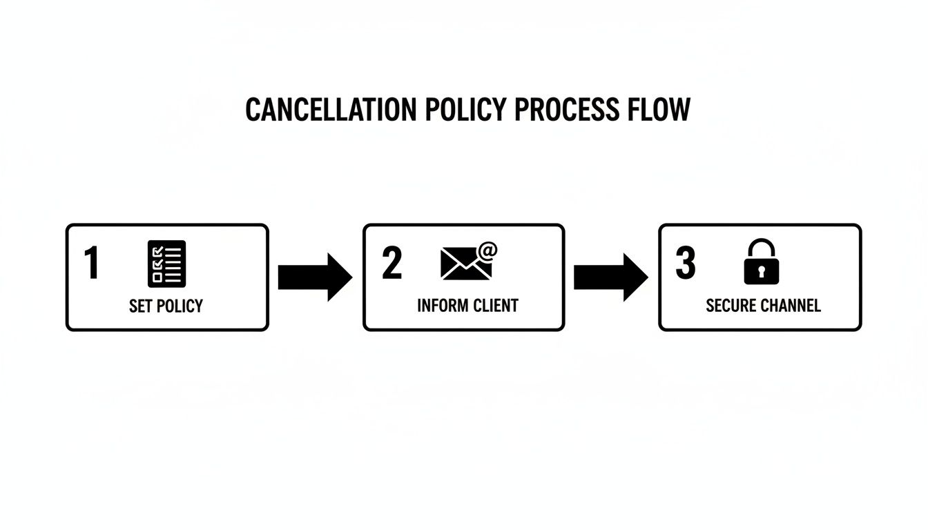 A cancellation policy process flow diagram outlining three steps: Set Policy, Inform Client, Secure Channel.