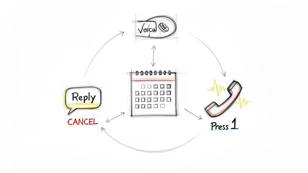 A diagram illustrating the process of canceling an appointment using voicemail, phone calls, or a reply message.