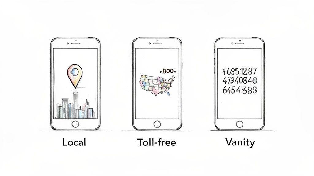 Three smartphones depict local, toll-free, and vanity phone numbers with corresponding visuals.