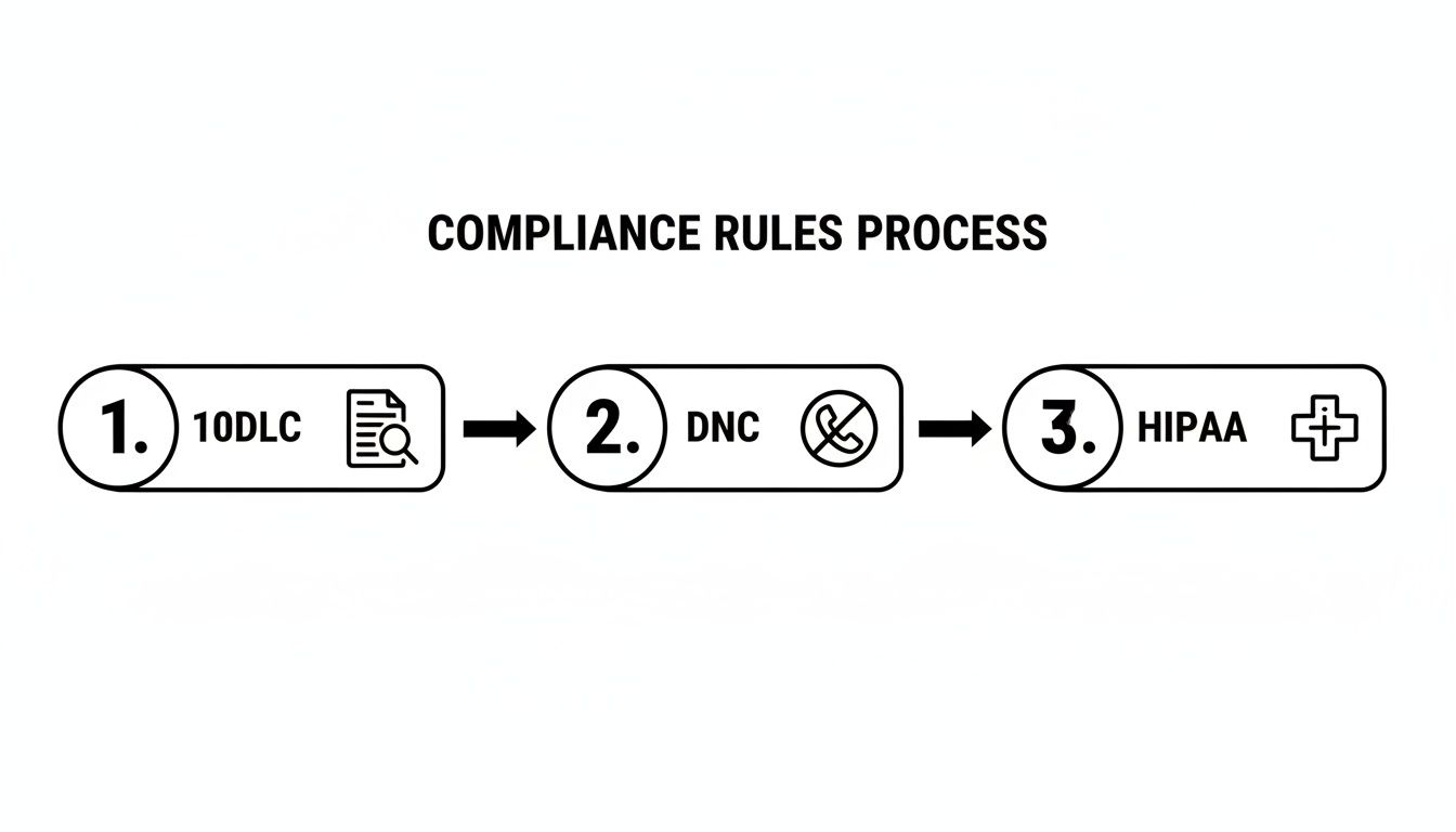 A three-step compliance rules process diagram showing 10DLC, DNC, and HIPAA regulations.