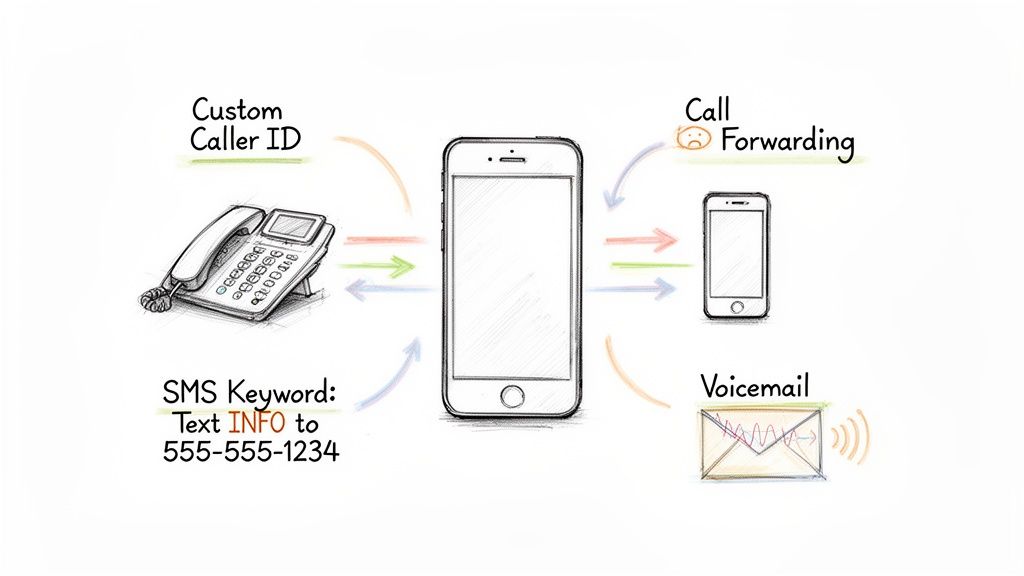 Illustration of a central smartphone connecting to a desk phone, mobile, SMS, and voicemail services.