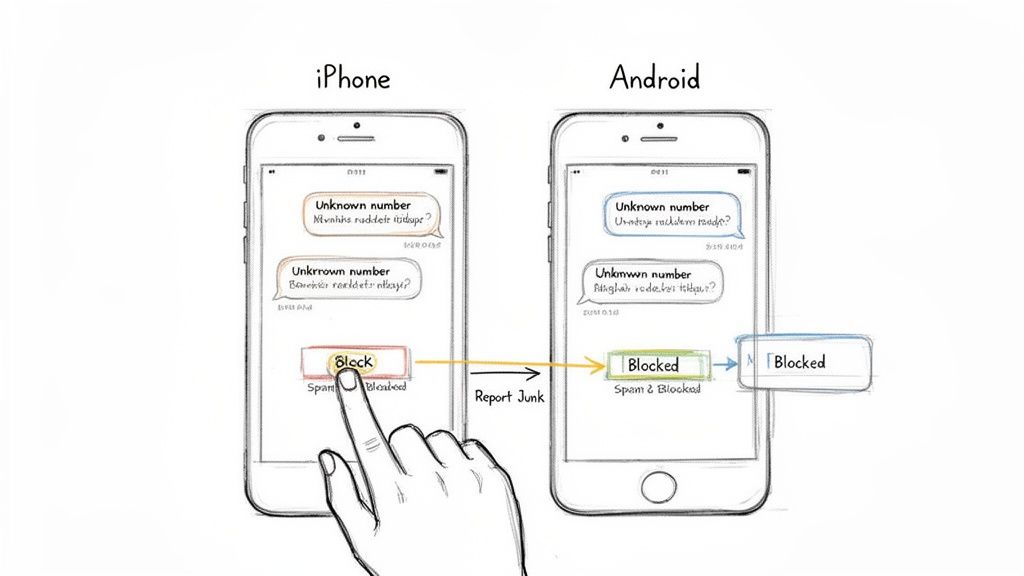 Illustration showing a hand tapping 'Block' on an iPhone, resulting in a blocked message status on an Android phone.