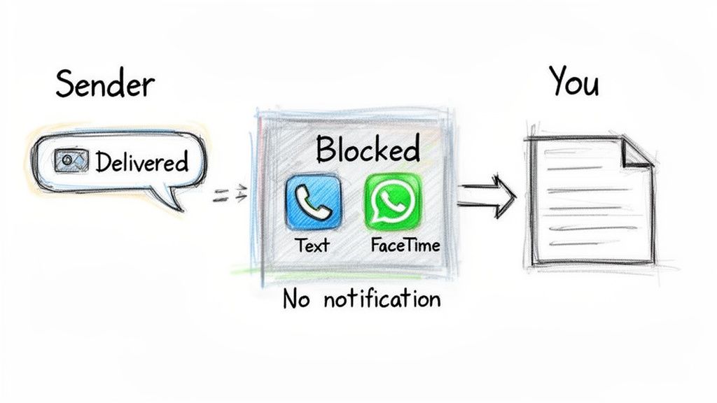Diagram illustrating how a 'Delivered' message from a sender is 'Blocked' with 'No notification' to you.
