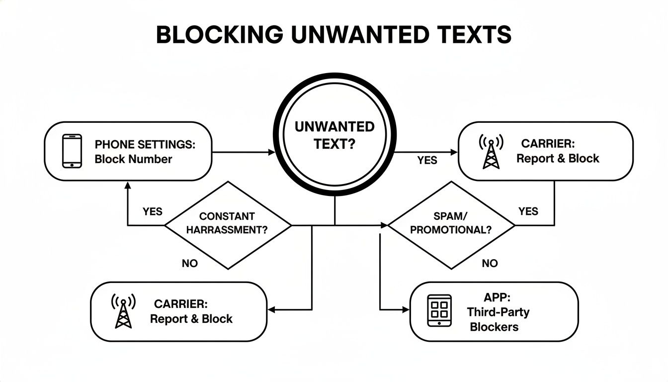 Flowchart illustrating methods to block unwanted text messages, including phone settings, carrier reports, and third-party apps.