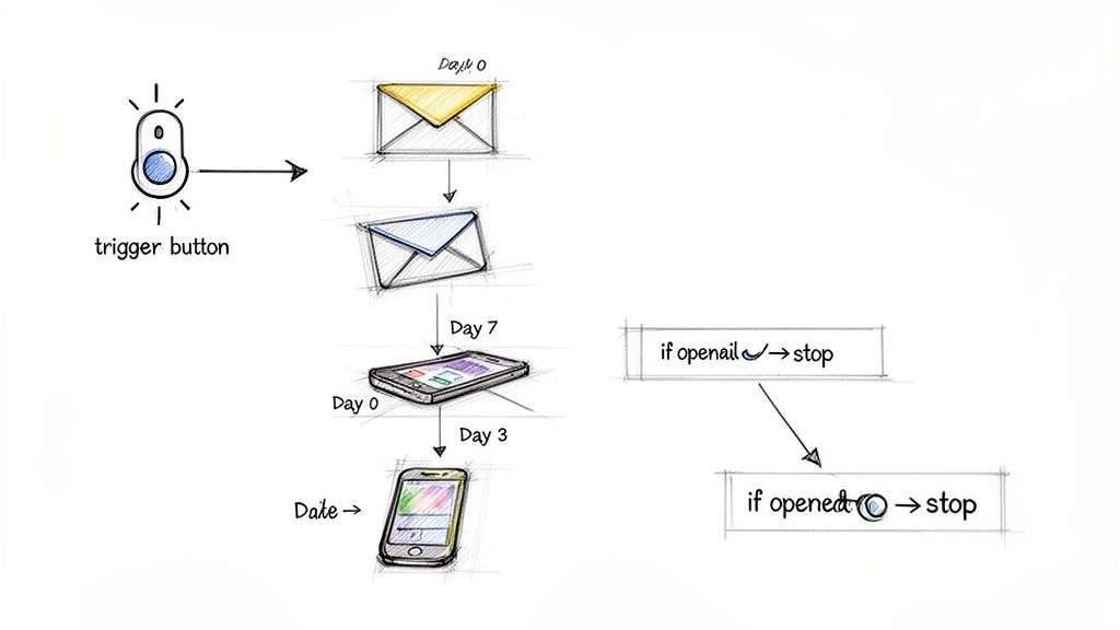Flowchart detailing a customer outreach strategy with trigger, timed emails, and smartphone messages, featuring stop conditions for engagement.
